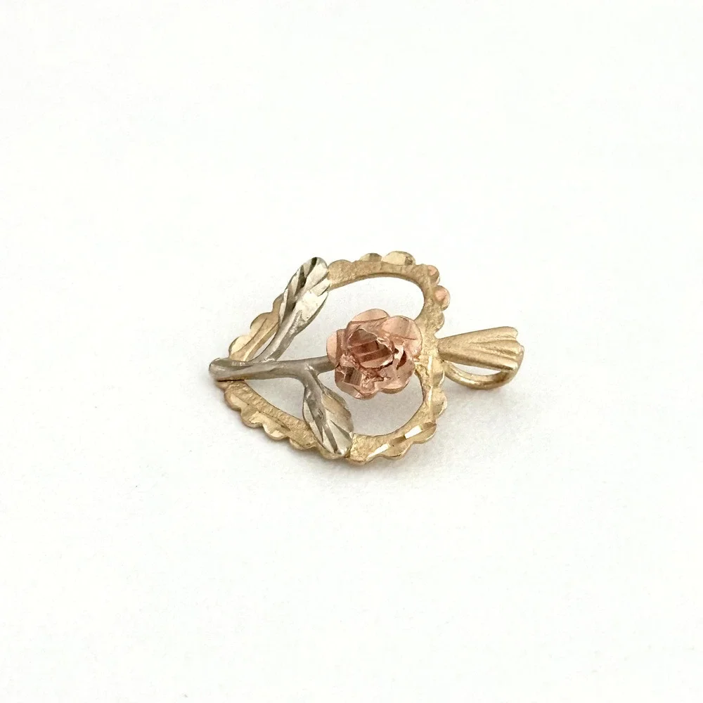Vintage 14K Gold Heart Flower Tricolor Yellow Rose White Gold Charm Pendant
